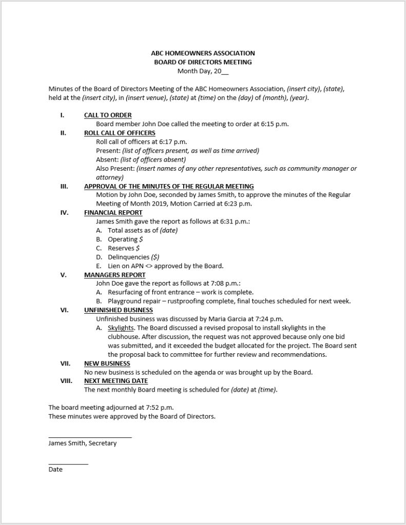 Sample of hoa board meeting template HOA Meeting Minutes Template