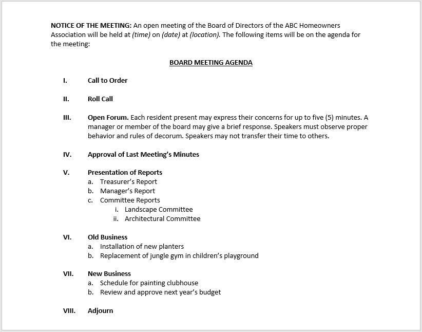 Free Board Meeting Agenda Template HOA Board Meeting Agenda Template