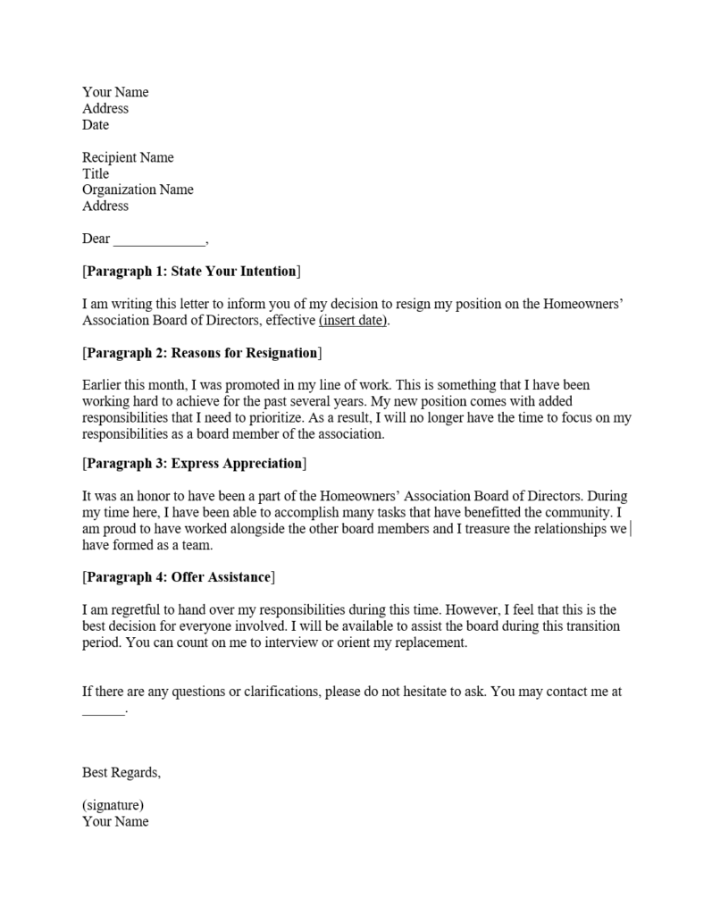 hoa board resignation letter 