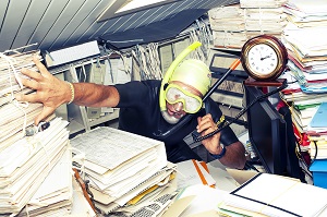 man wearing diving mask surrounded by pile of papers | inappropriate board member behavior