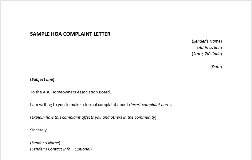 HOA Complaint Letter Sample