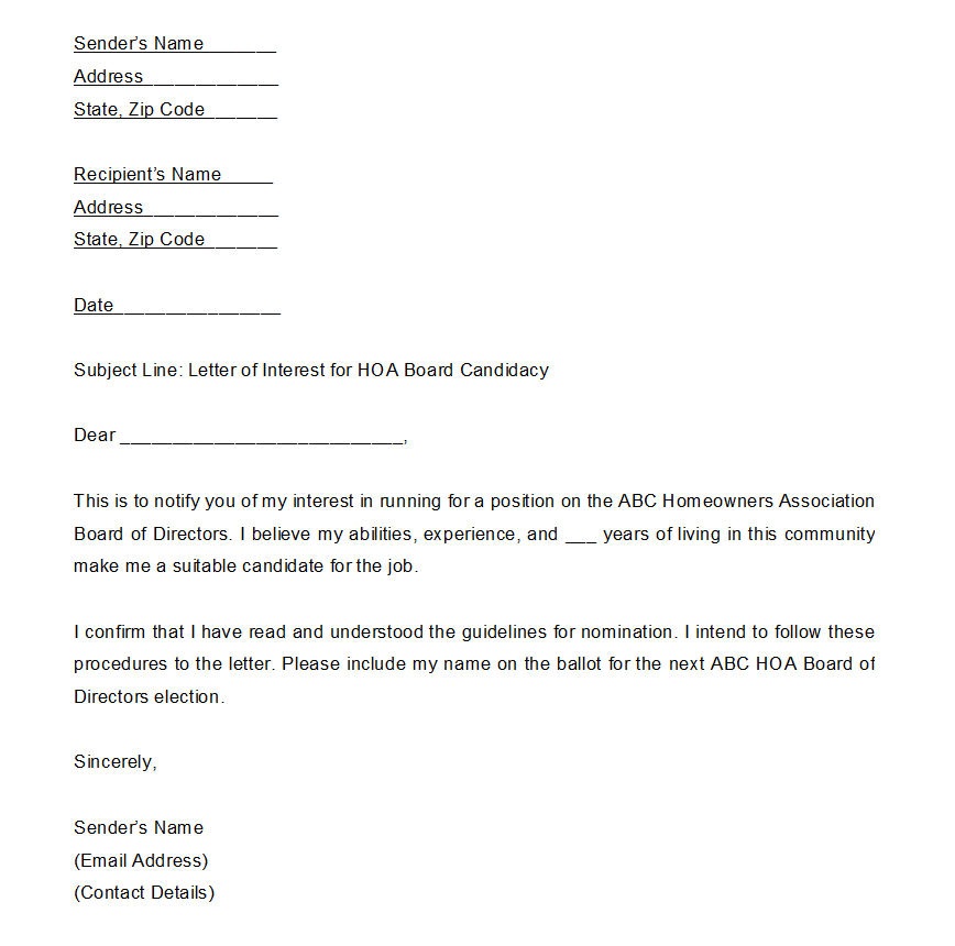 hoa candidate statement | sample letter of interest for hoa board position